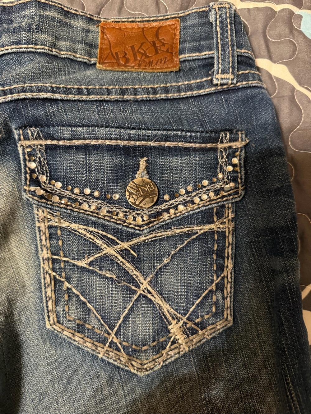 BKE Denim Jeans with Embroidered Studded Back Pockets - Blue